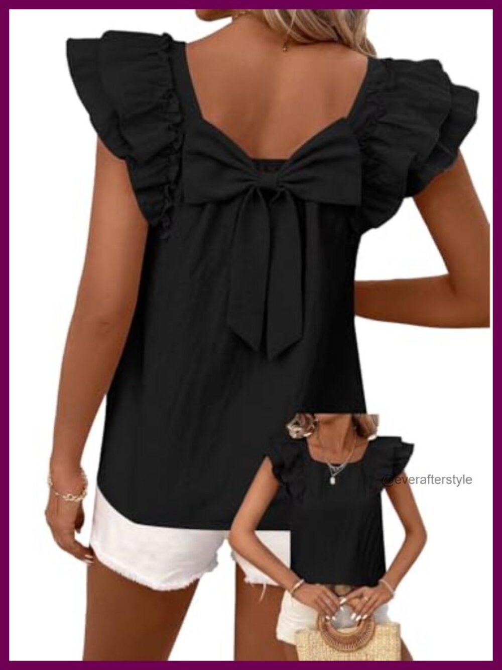 Womens Bow Tie Back Babydoll Top Ruffled Short Sleeve Blouse